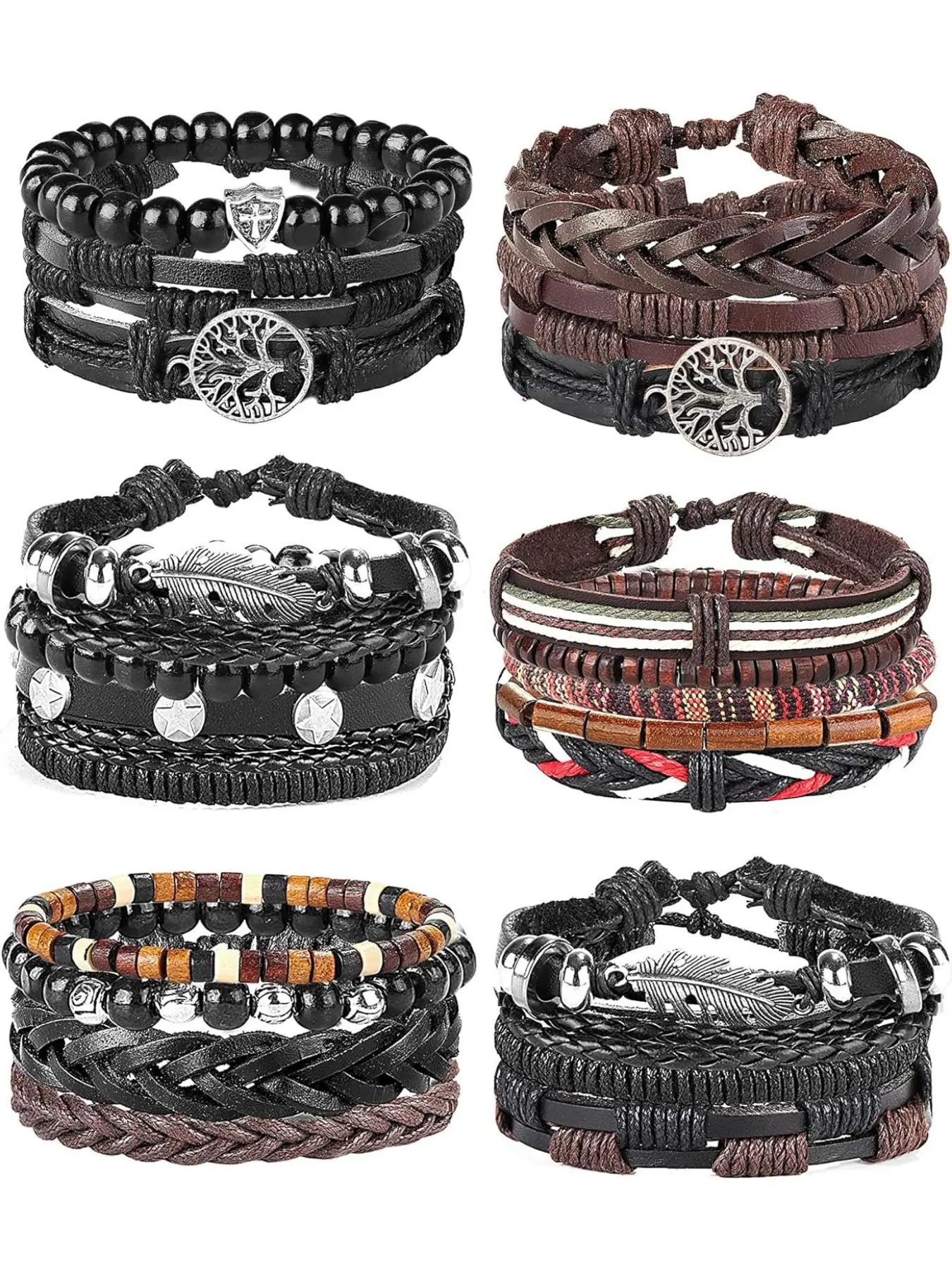 26 31 Pcs Braided Leather Bracelet For Men Women Woven Wrist Cuff Bracelets Hemp Cords Wood Beads Ethnic Tribal Handmade Wrap Adjustable 22 32 Pcs Handmade Braided Leather Bracelets Stackable Boho Bracelets