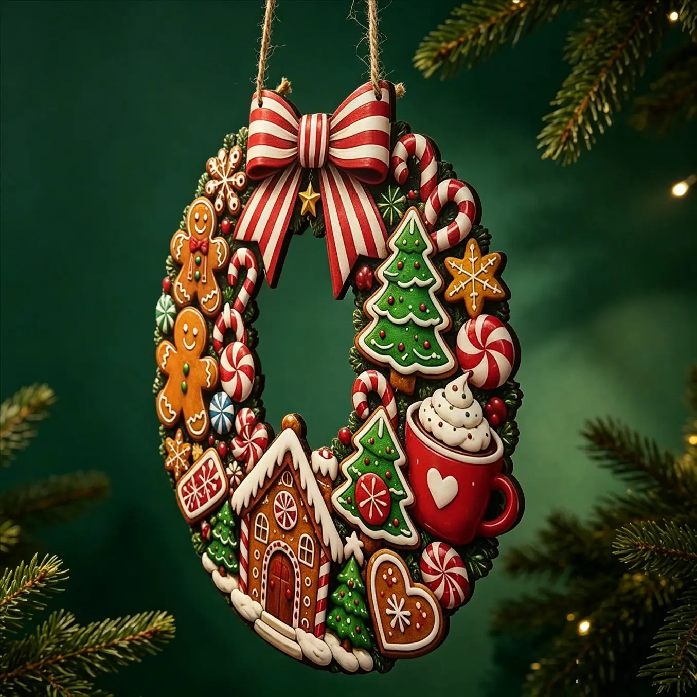 1x Gingerbread Wreath Wooden Door Hanger Sign, Candy Cane Gingerbread Man & Gingerbread House Wooden Wreath Plaque, Front Porch Christmas Wall Decor with Bow