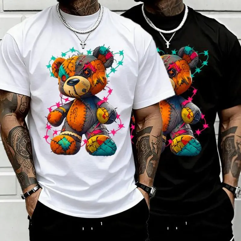 Men's Baggy Shortsleeve T-Shirt with Teddy Bear Graffiti Print, 2000s-Inspired Urban Streetwear for Back to School Outfits, Street Style, Menswear, Oversized, Students, Tshirt, Patchwork