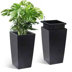 2Pcs 16/22" Tall Outdoor＆Indoor Black Planter Pots with Drainage Holes＆Water Level Monitor＆Inner Bucket