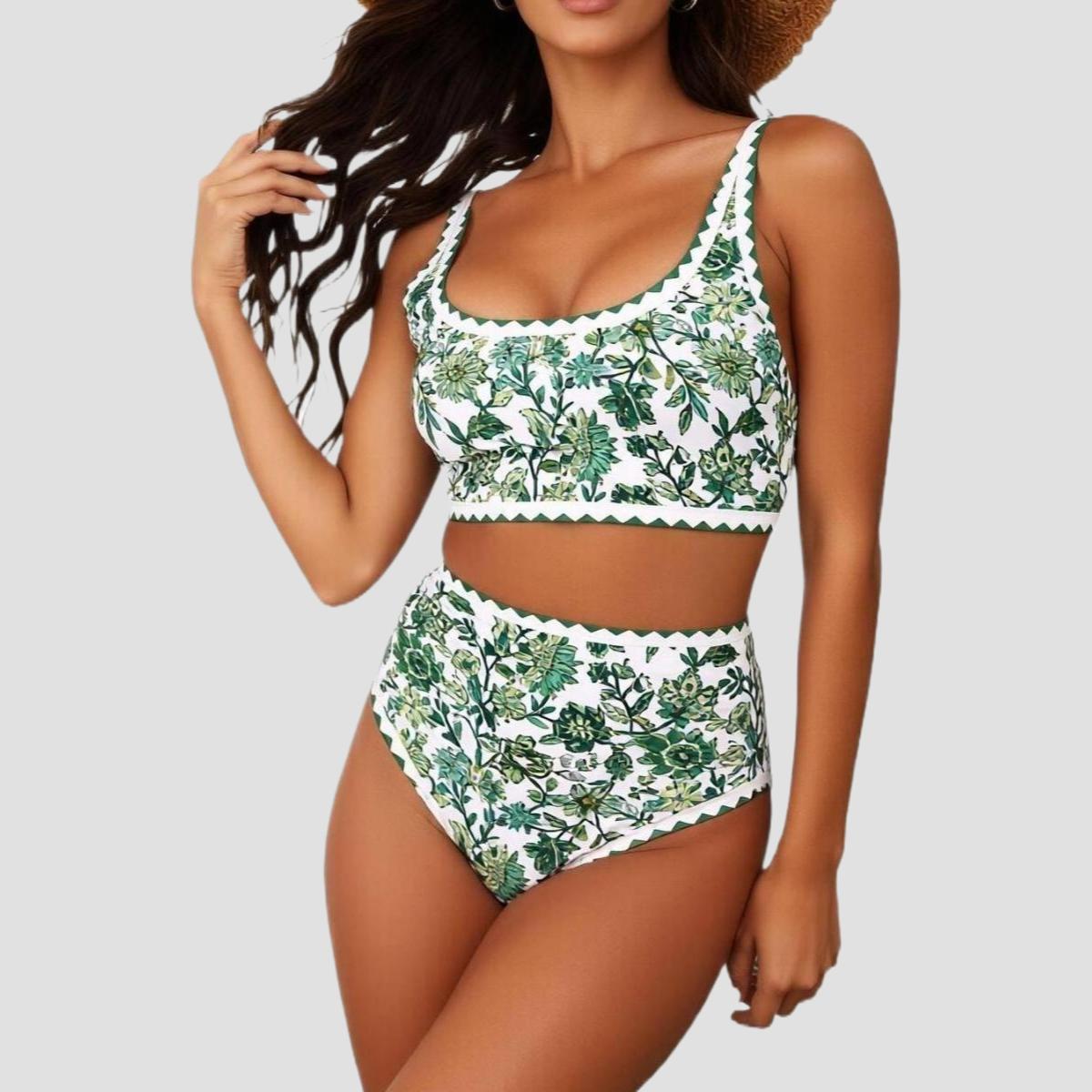 Women's Fashion Two-Piece Set High-Waisted Floral Bikini  Slimming with Tummy Control Wide Shoulder Straps Vacation Swimsuit  Perfect for Vacation Photoshoots