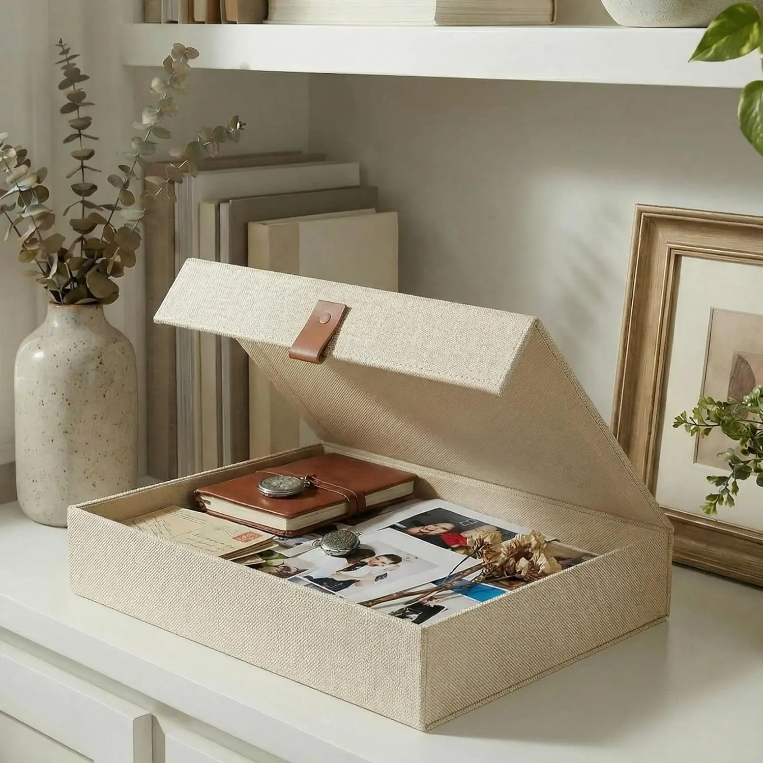 Decorative Photo Storage Box with Lid - Beautiful Linen Organizer | Safely Stores Your Pictures, Documents, Scrapbooking Supplies, Keepsakes and Other Memories in Style