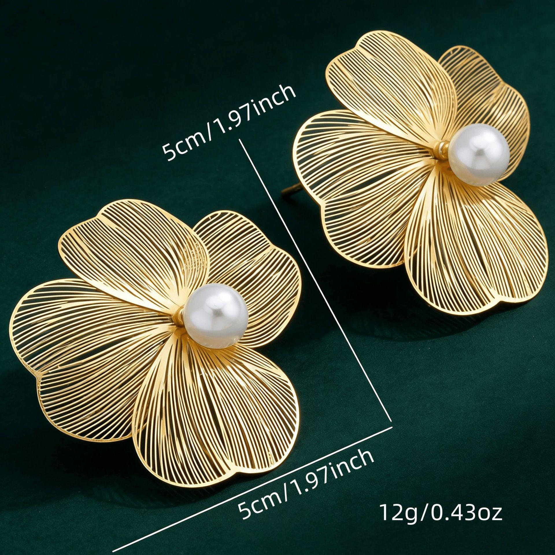 European and American cross-border high-end metal hollow flower pearl earrings, elegant vintage exquisite high-end earrings