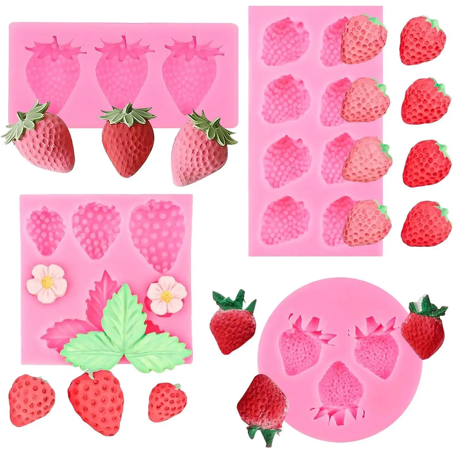 4 Pack Strawberry Leaf Flower  Fondant Mold | Fruit Shape Pastry Baking Mold for Chocolates, DIY Cupcakes, Candy, Jelly, Clay, Ice Cream, Soap, Cake Topper Decoration