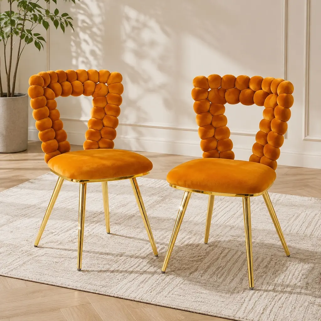Modern Upholstered Chair Set of 2, Orange and Gold, Iron Tube Legs, Soft Cushions, Fabric Lounge Chair for Dining Room, Living Room