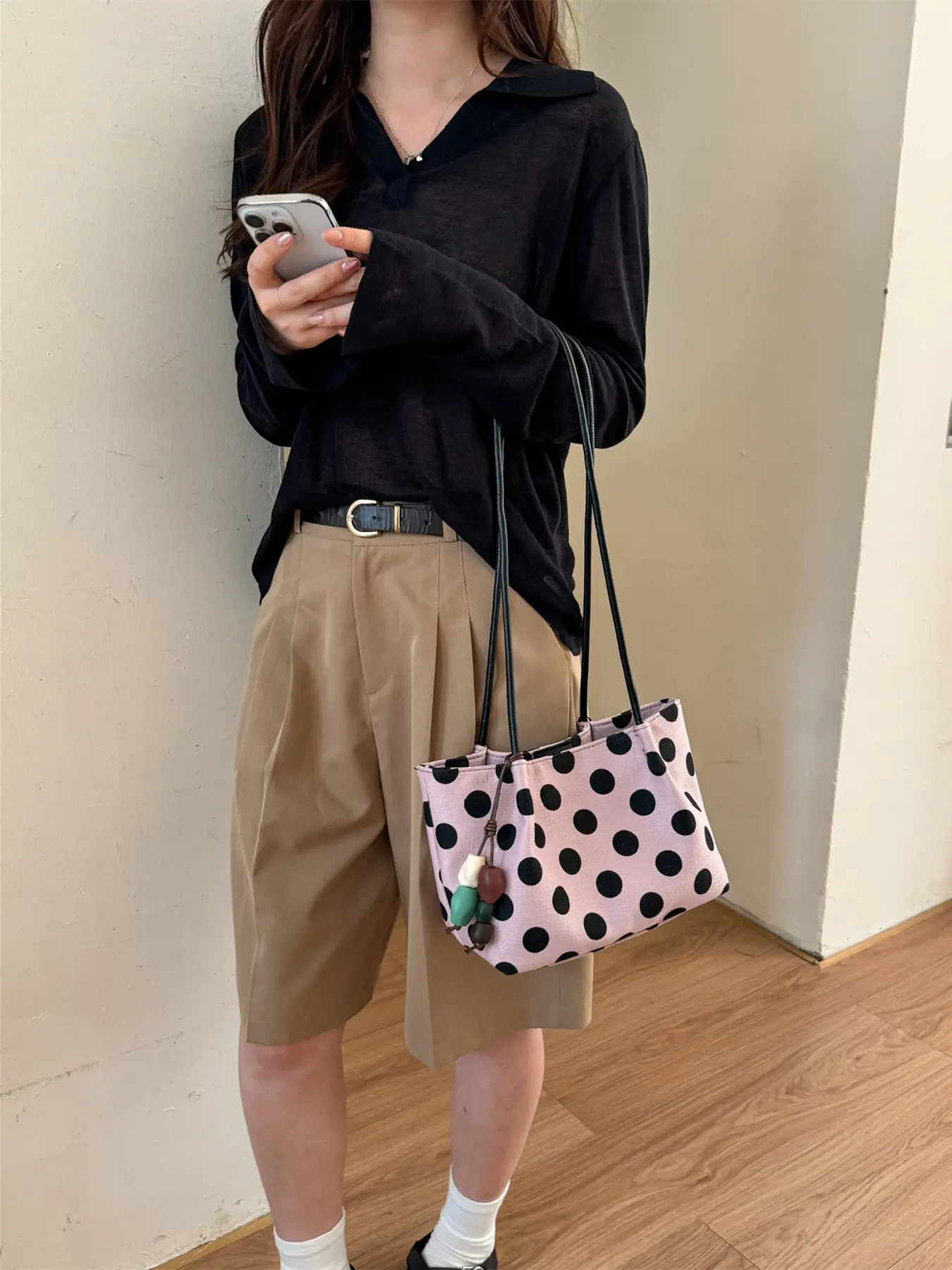 polka dot hobo bag, linen mini tote, magnetic snap shoulder bag, wood bead charm purse, korean casual daily bag, lightweight school handbag