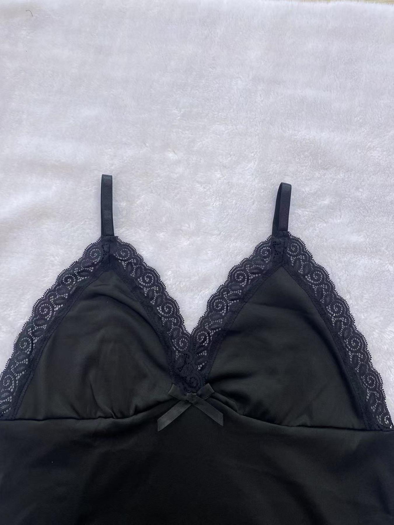 Women's Contrast Lace Backless Split Thigh Slit Cami Nightdress, Sexy Fashion Adjustable Spaghetti Strap Nightgown, Soft Comfortable Sleepwear Loungewear for Women Chic Aesthetic