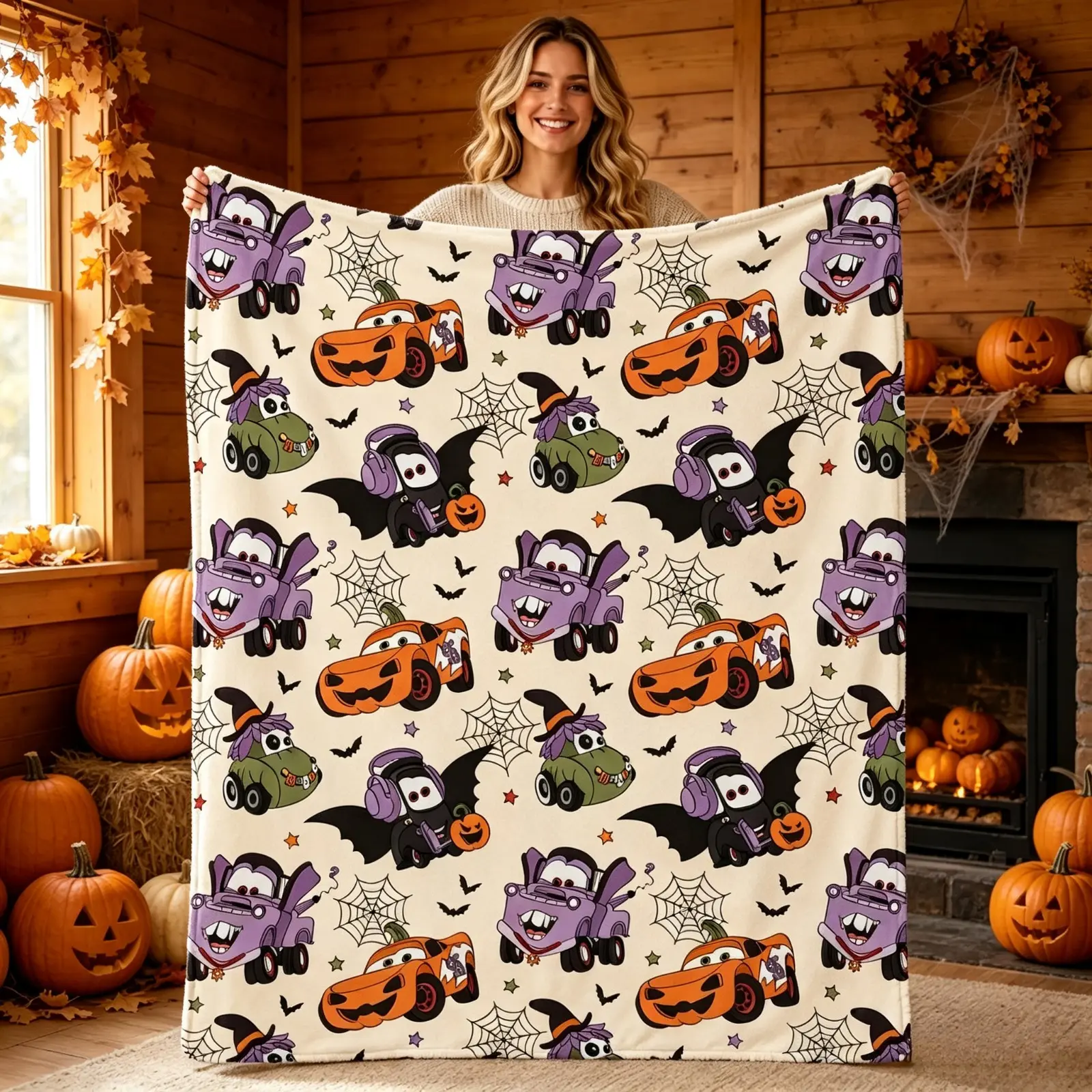 Halloween Cartoon Car Flannel Throw Blanket, Ultra Soft Fleece Cozy Blanket with Cute Fall Graphic Design for Couch Bed Sofa Home Decor, Warm Lightweight Throw Blanket Perfect for Halloween Season Party Gift