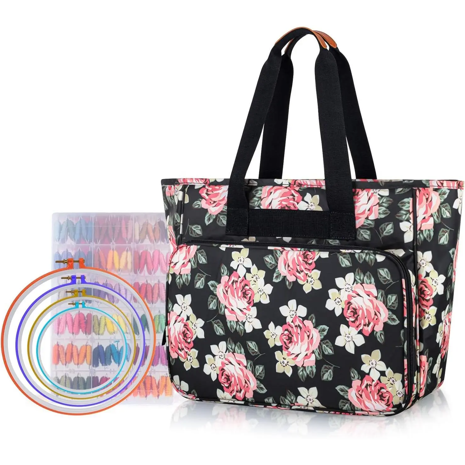 Embroidery Project Bag, Embroidery Kits Storage Bag with Multiple Pockets for Embroidery Hoops (Up to 11.2"), Embroidery Floss or Other Embroidery Supplies, Black Peony (Bag Only)