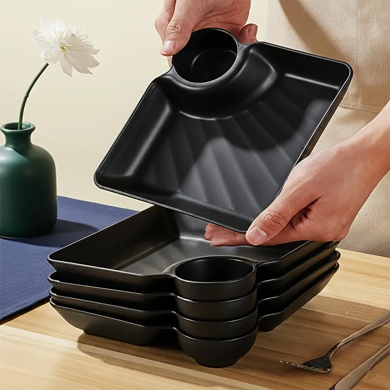 Pack of 5 pieces, black jiaozi plate, square grid plate, Plastic plates for party, with sauce area, non-slip and stackable, PP heat-resistant, microwave dishwasher applicable, restaurant kitchen snacks, fruit dessert storage tray