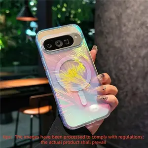 Suitable for Google Pixel 10/9 series magnetic anti drop phone case 9Pro/Pro XL laser color changing feather texture four corner shock-absorbing simple and fashionable design, multi-color optional 9A Shockproof Phone Cover