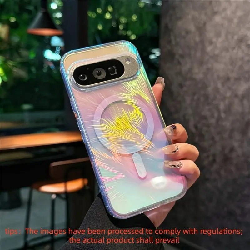 Suitable for Google Pixel 10/9 series magnetic anti drop phone case 9Pro/Pro XL laser color changing feather texture four corner shock-absorbing simple and fashionable design, multi-color optional 9A Shockproof Phone Cover