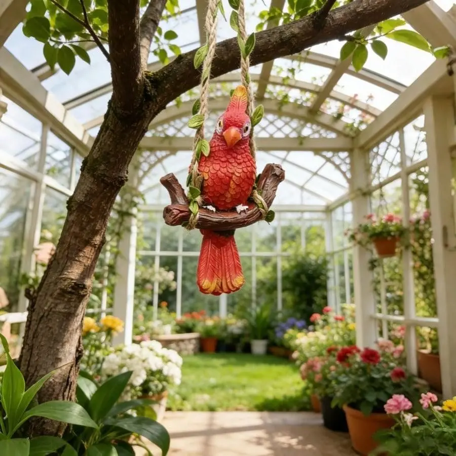 Colorful Parrot Hanging Statue, Outdoor Garden Decor, Patio Balcony Courtyard Art, Fun Gardening Ornament, Spring Summer Animal Sculpture