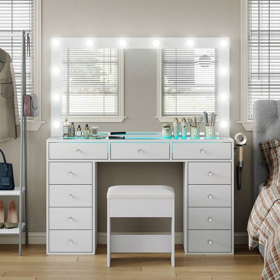 Vanity Desk with Illuminated Mirror & Power Outlet, Makeup Vanity Table with 12 LED Lights, 11 Drawers & Tempered Glass Top, Dressing Table with Chair for Bedroom & Dressing Room, Modern Vanity Set for Women Girls
