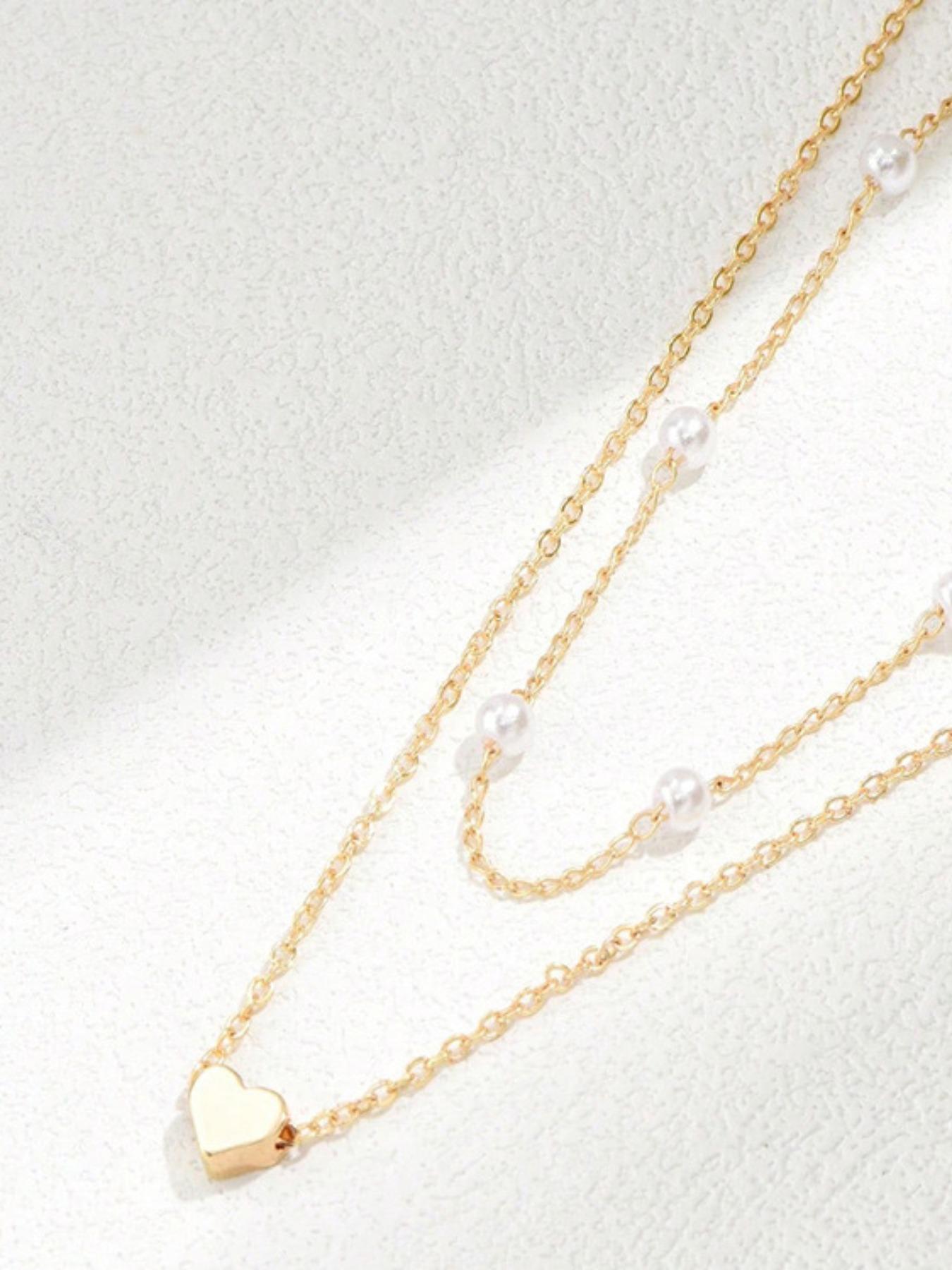 2pcs Women's Faux Pearl Heart Decor Chain Necklace, Daily Clothing Decor for Girl, Elegant All-match Fashion Accessories for Daily Wear, Without Box