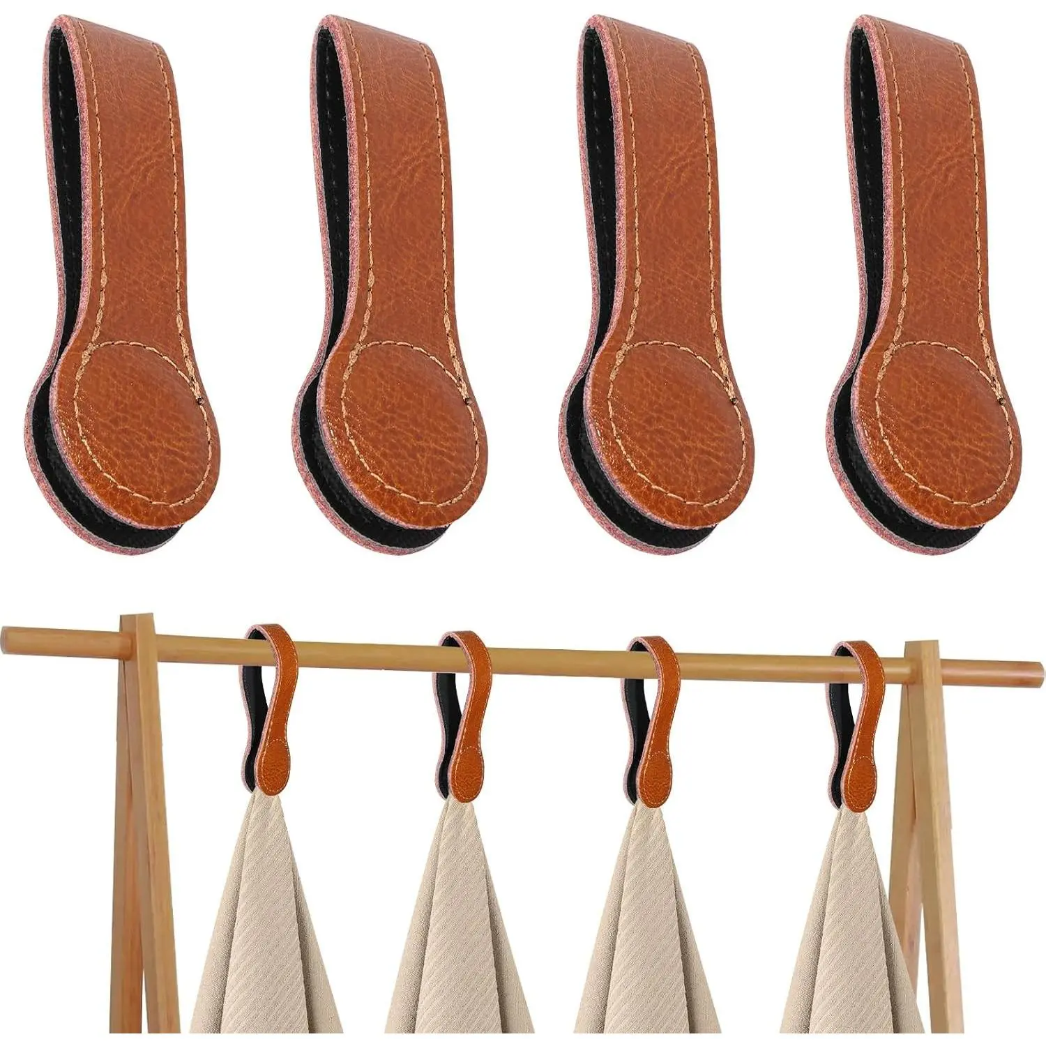 4 PCS Genuine Leather Towel Clips for Kitchen, Magnetic Hand Clips, Towel Holder with Magnet for Rods and Racks, Bathroom Accessory (Light Brown)