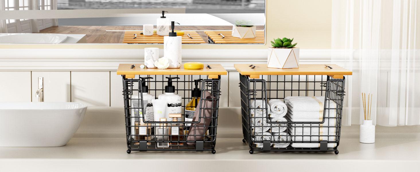 Wire Storage Basket for Kitchen Pantry: GGIU Stackable Kitchen Counter Organizers - Wire Organizing Bin for Produce Vegetable Potato and Onion Black