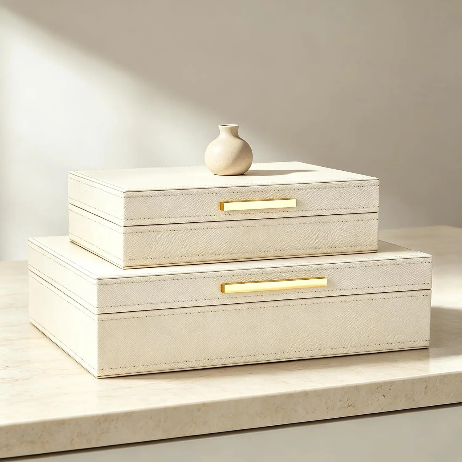 Decorative Storage Boxes with Lids, Set of 2 PU Leather Memory Box for Keepsakes, Large Decorative Box for Home Decor – Store Jewelry, Documents & Photos (Beige)