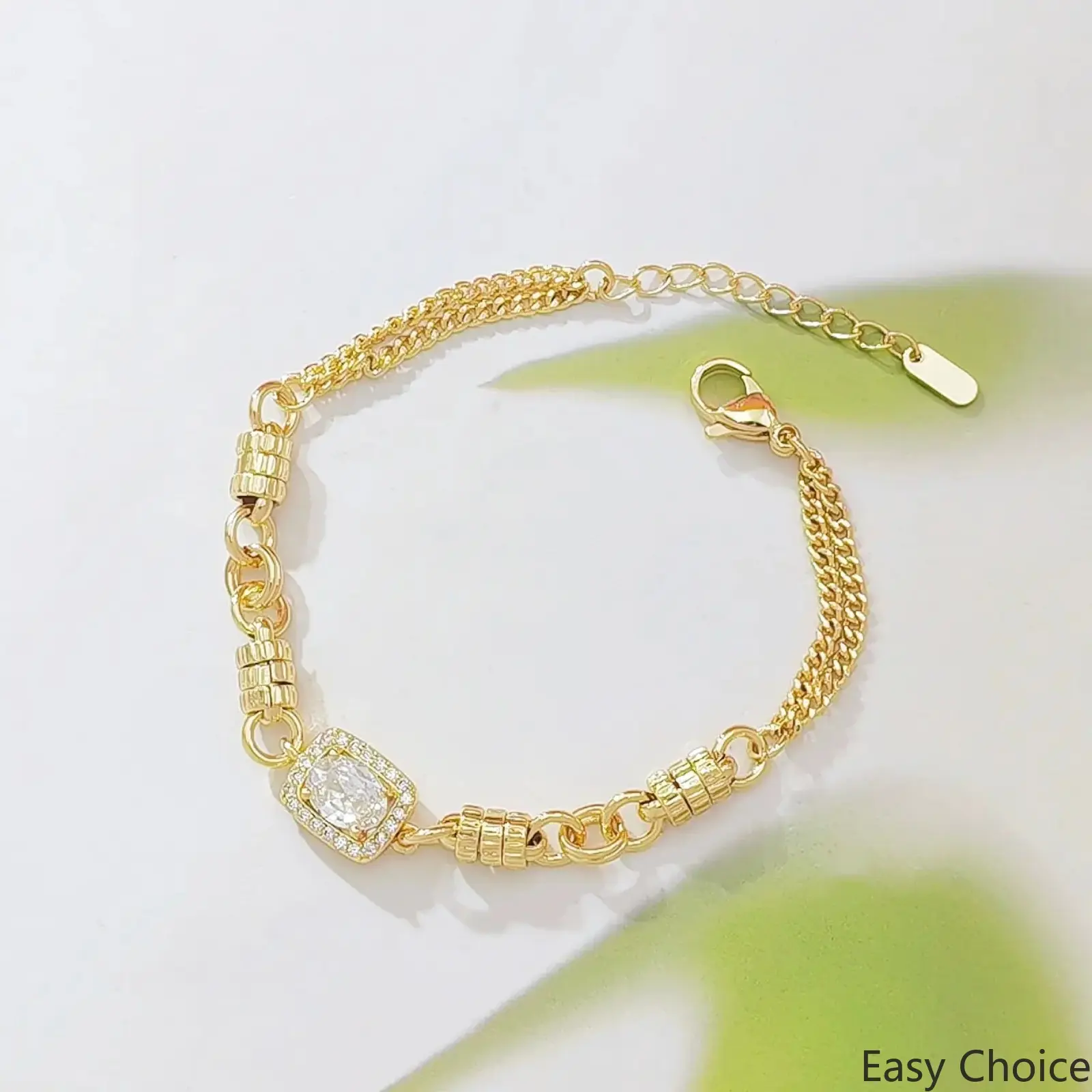 14K Gold Plated Pave Square CZ Bracelet for Women, Double Chain Barrel Bead Link Bracelet Jewelry Gift for Birthday Anniversary Christmas