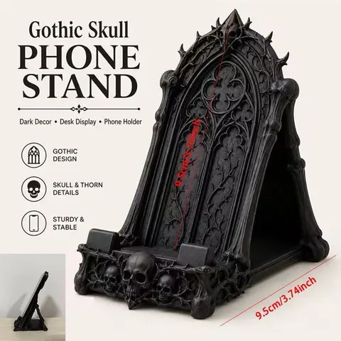 Gothic Skull Phone Stand, Dark Desktop Holder, Decorative Desk Mount, Ideal for Bookshelf, Nightstand & Home Office, Goth Gift, Phone Accessories