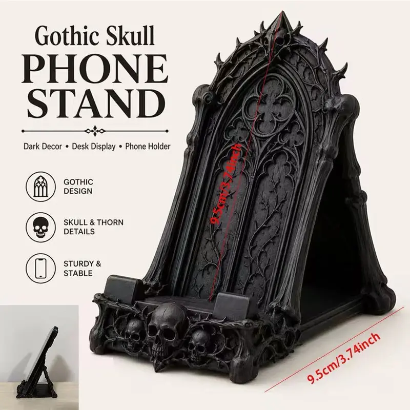 Gothic Skull Phone Stand, Dark Desktop Holder, Decorative Desk Mount, Ideal for Bookshelf, Nightstand & Home Office, Goth Gift, Phone Accessories