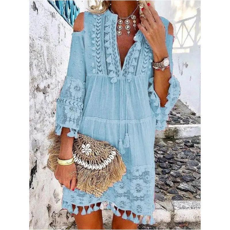 New Spring Embroidered Crochet Lace Bohemian Dress Women's Elegant Off Shoulder Tassel Ruffle Mini Dress Summer V-neck Women's Beach Dress Elegant Casual Women's Dress