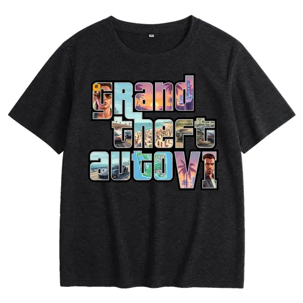 Vice City Scenic Letters GTA6 Crewneck Printed T-Shirt for Men and Women, Regular Fit Soft Stretch Fabric Tee, Colorful Casual Streetwear Top for All Seasons, Quick-Dry Comfortable Graphic Shirt Menswear Garment Tshirt Tropical Shortsleeve