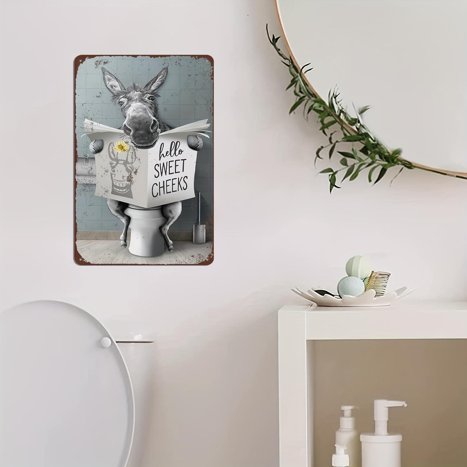 1pc farmhouse bathroom decorative wall art funny donkey sitting in toilet reading newspaper vintage logo vintage logo metal plaque logo 8x12 inch wall art decorative bathroom Ornaments Decoration Print Artistic
