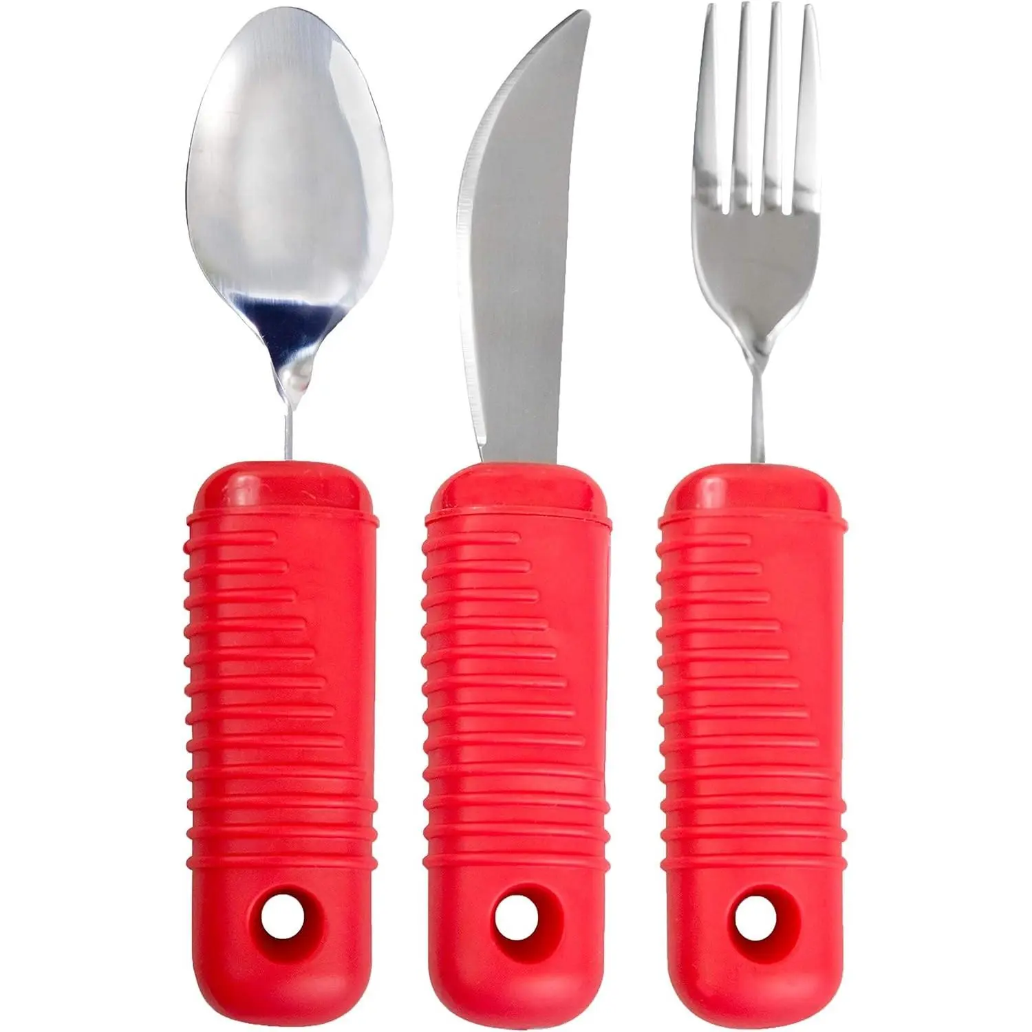 3 Piece Easy Grip Red Utensil Set - Bendable Fork, Spoon and Strong Knife