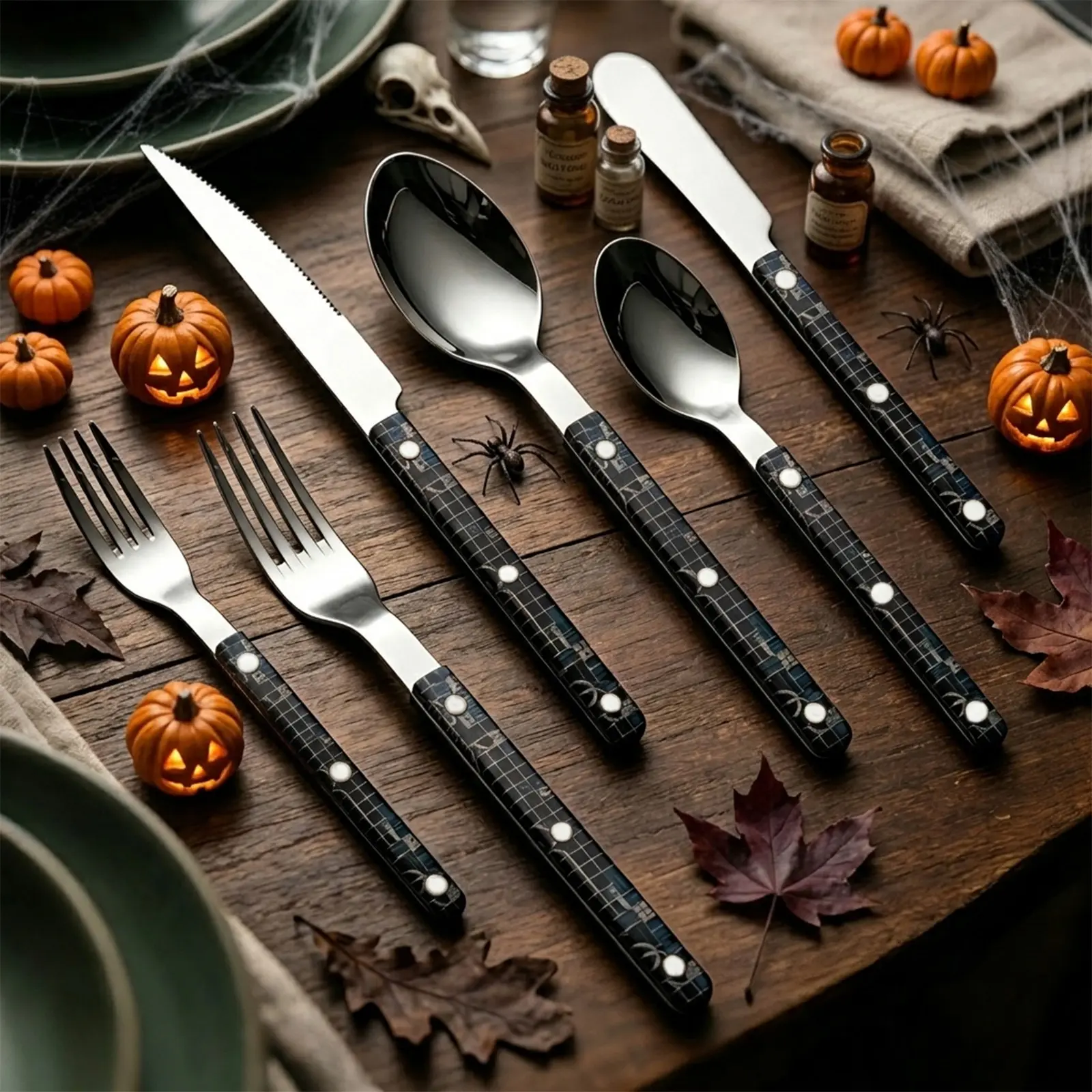 6 Piece Halloween Flatware Set, Dark Retro Plaid Handle, 304 Stainless Steel, Cutlery for Holiday Dinner, Party Decor, Daily Meals, Gift