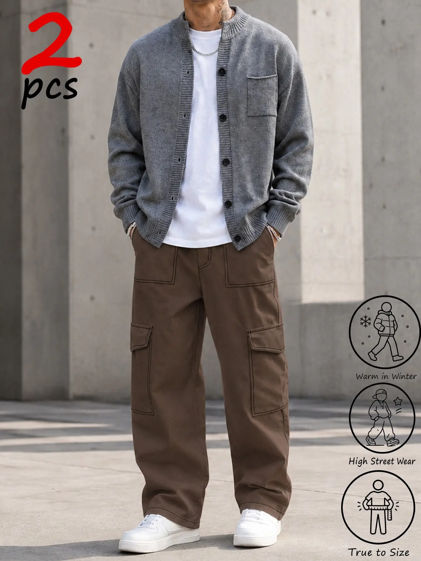 2 Pcs Men Fall Winter Outfit Set, Button Pocket Knit Cardigan + Contrast Stitch Wide Cargo Pants, Standard Sizes S-XL, Soft Comfort Fit, Great for Graduation Events & Casual Street Daily Outfits