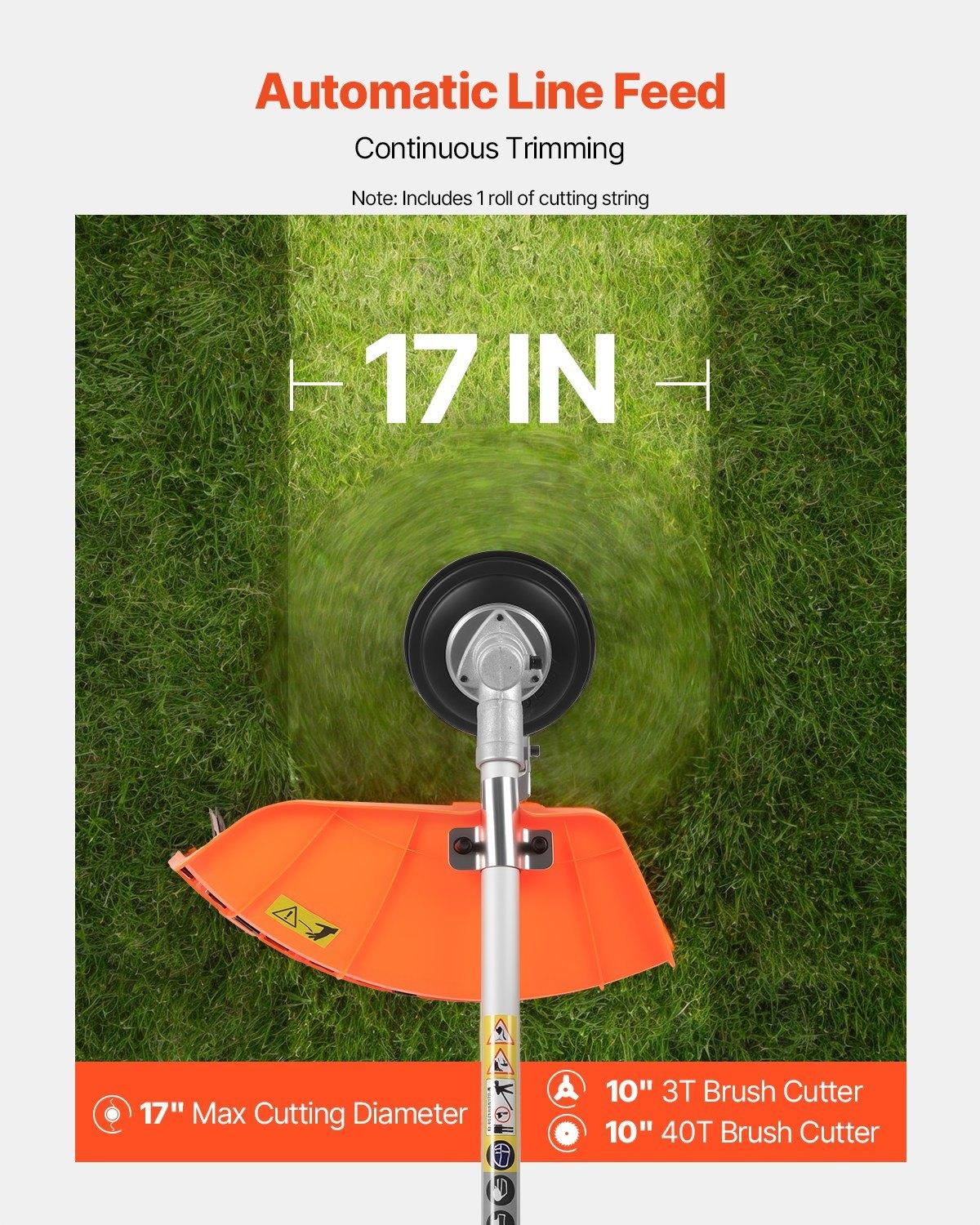 VEVOR Cordless String Trimmer, 52 cc 2-Stroke, Gas Powered Weed Wacker, 17" Cordless Grass Trimmer, Multi-Functional Lawn Edger with Shoulder Strap & 3T Blade, Weed Eater for Quick Grass Cleaning