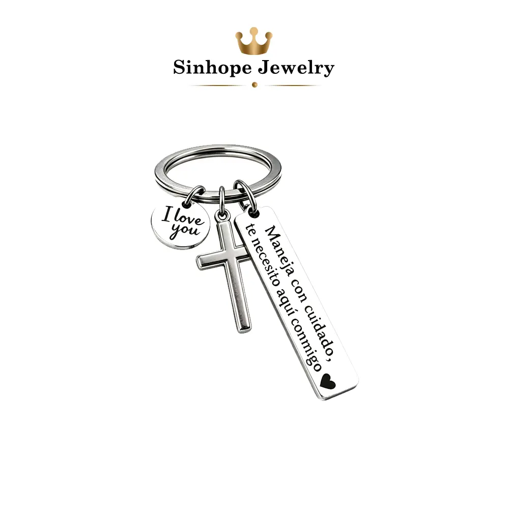 Spanish Quote Cross Keychain, Engraved "I Love You" Stainless Steel Driving Reminder Key Ring, Religious Christian Cross Charm Keychain, Love Memorial Gift for Boyfriend Husband Driver, Hypoallergenic Portable Daily Key Accessory