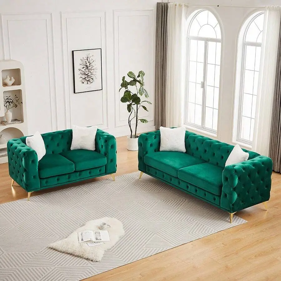 Chesterfield Velvet Sofa Couch, Button Tufted Luxury Upholstered Sofa, Quilted Deep Seat Couch With Metal Legs, Modern Vintage Velvet Sofa, 2-Seater & 3-Seater Living Room Sofa Apartment Bedroom Office