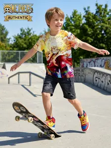 Officially Licensed One Piece Luffy Five-Form Nika Full Print Kids Short Sleeve T-Shirt, Breathable Casual Anime Cartoon Top for Boys Ages 4-13