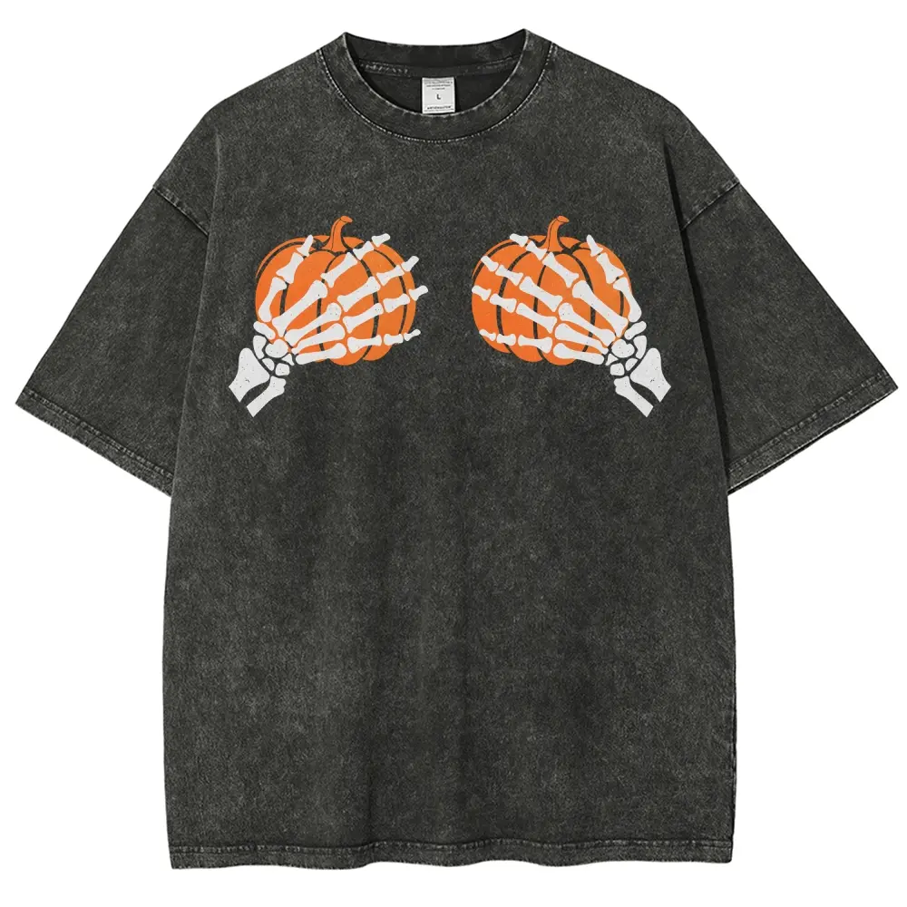 Gothic Graphic T-Shirt with Skeleton Hands & Pumpkin, Unisex Vintage 100% Cotton Oversized Halloween Top, S, 5Xl
