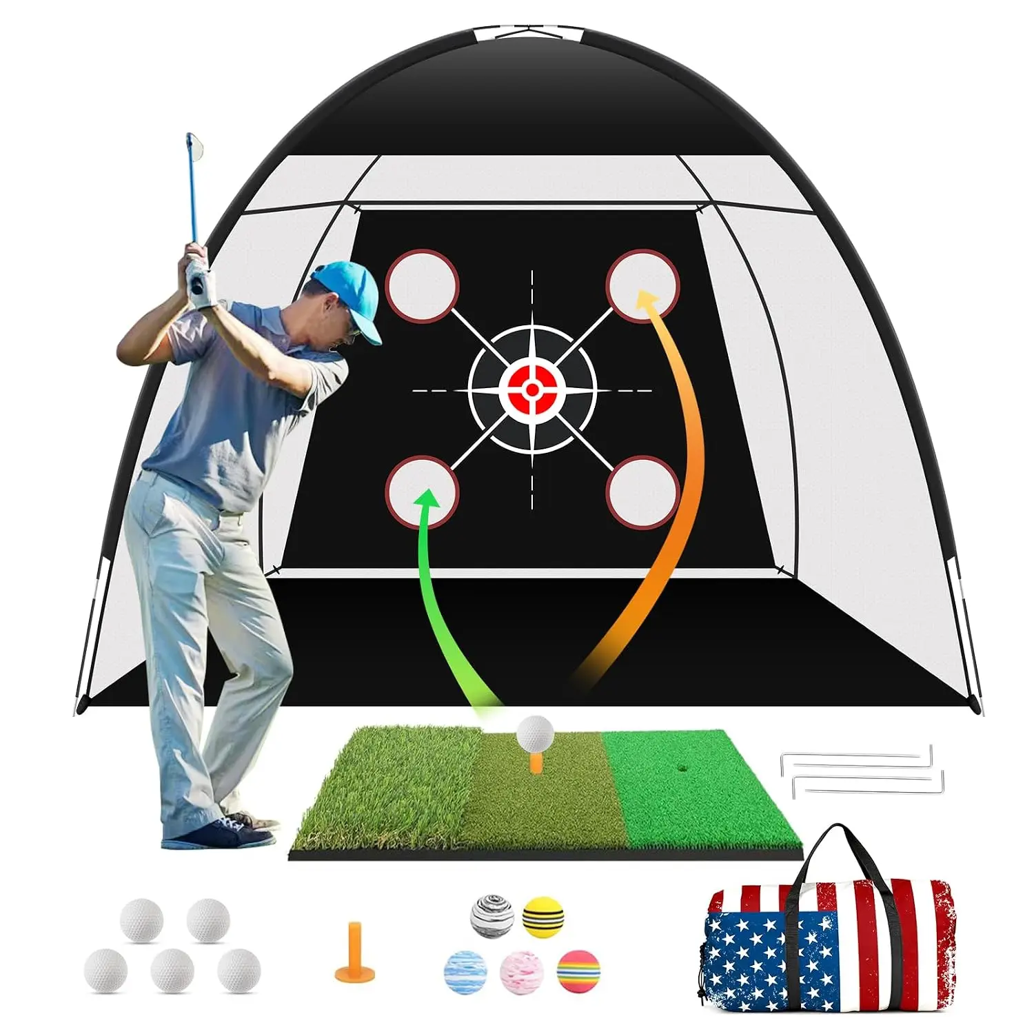 10x7ft Golf Practice Net with Tri-Turf Mat & Real Balls Set, Polyester-Nylon Indoor/Outdoor Golf Training Equipment for Backyard Driving Practice Enthusiasts