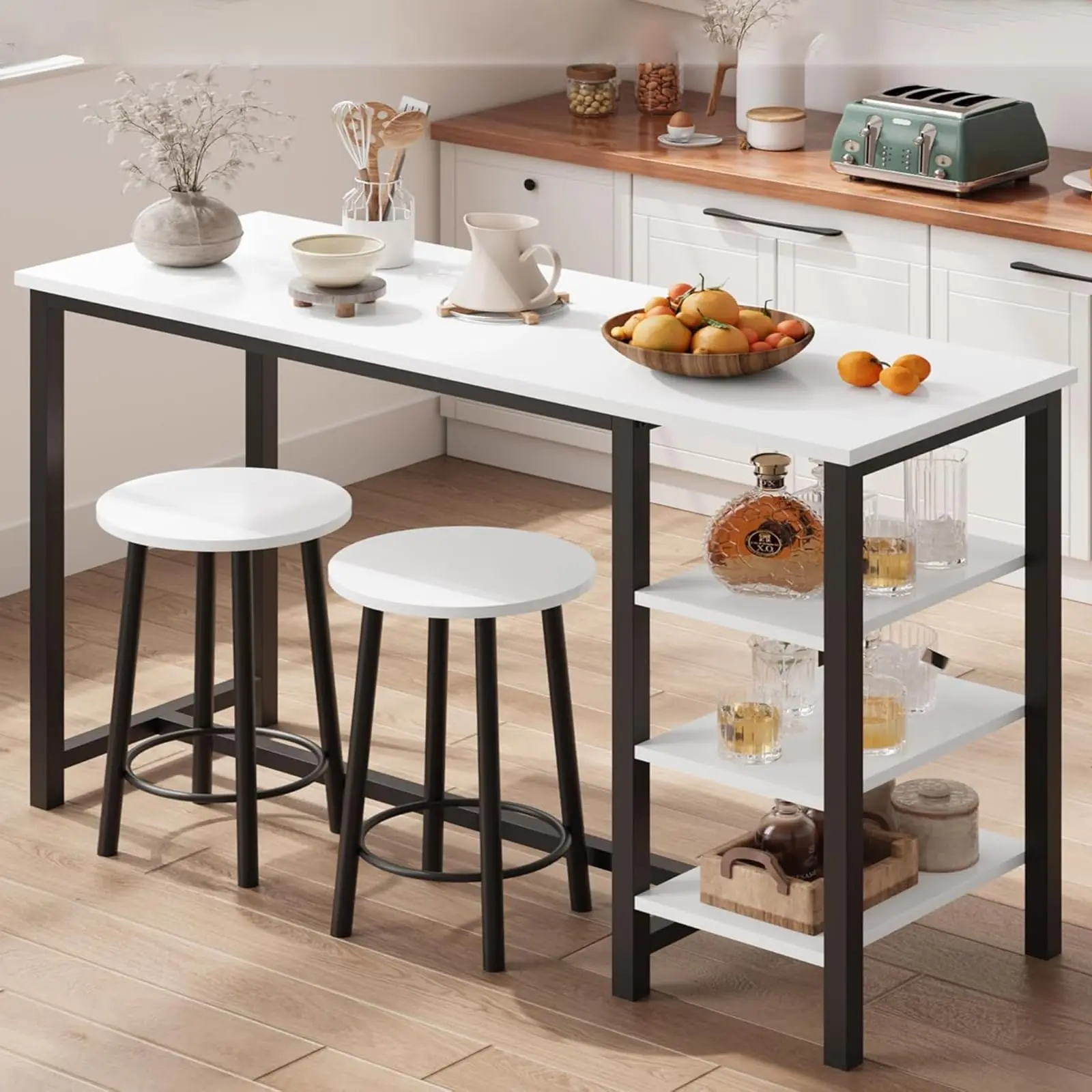 3-Piece Counter Height Dining Set, Counter Height Dining Table with Stools, Bar Table Set with 3 Storage Shelves, Space-Saving Modern Furniture for Apartment, Kitchen, White