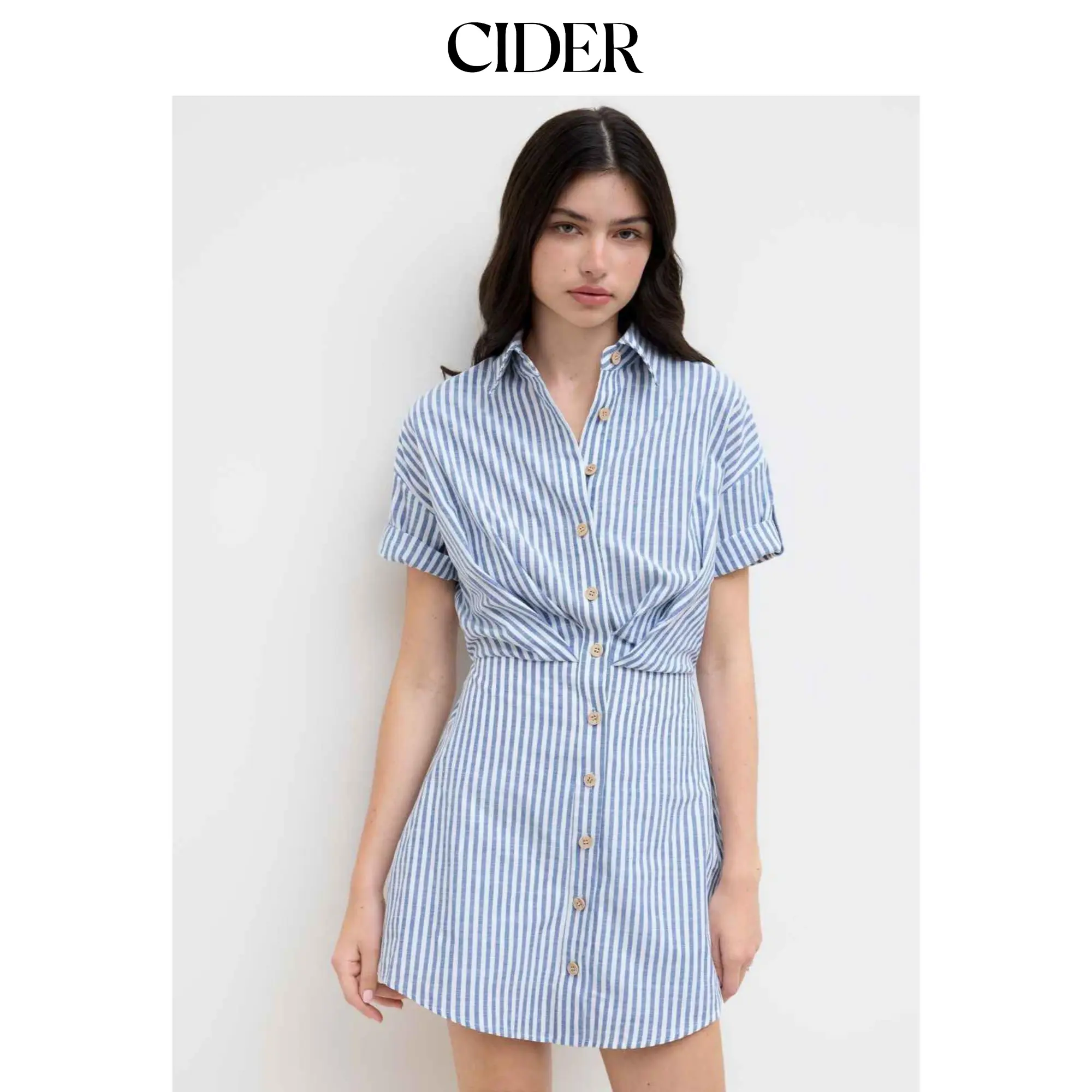 Cider Cotton-blend Polo Stripe Button Through Roll-up Sleeve Mini Dress SohoChic