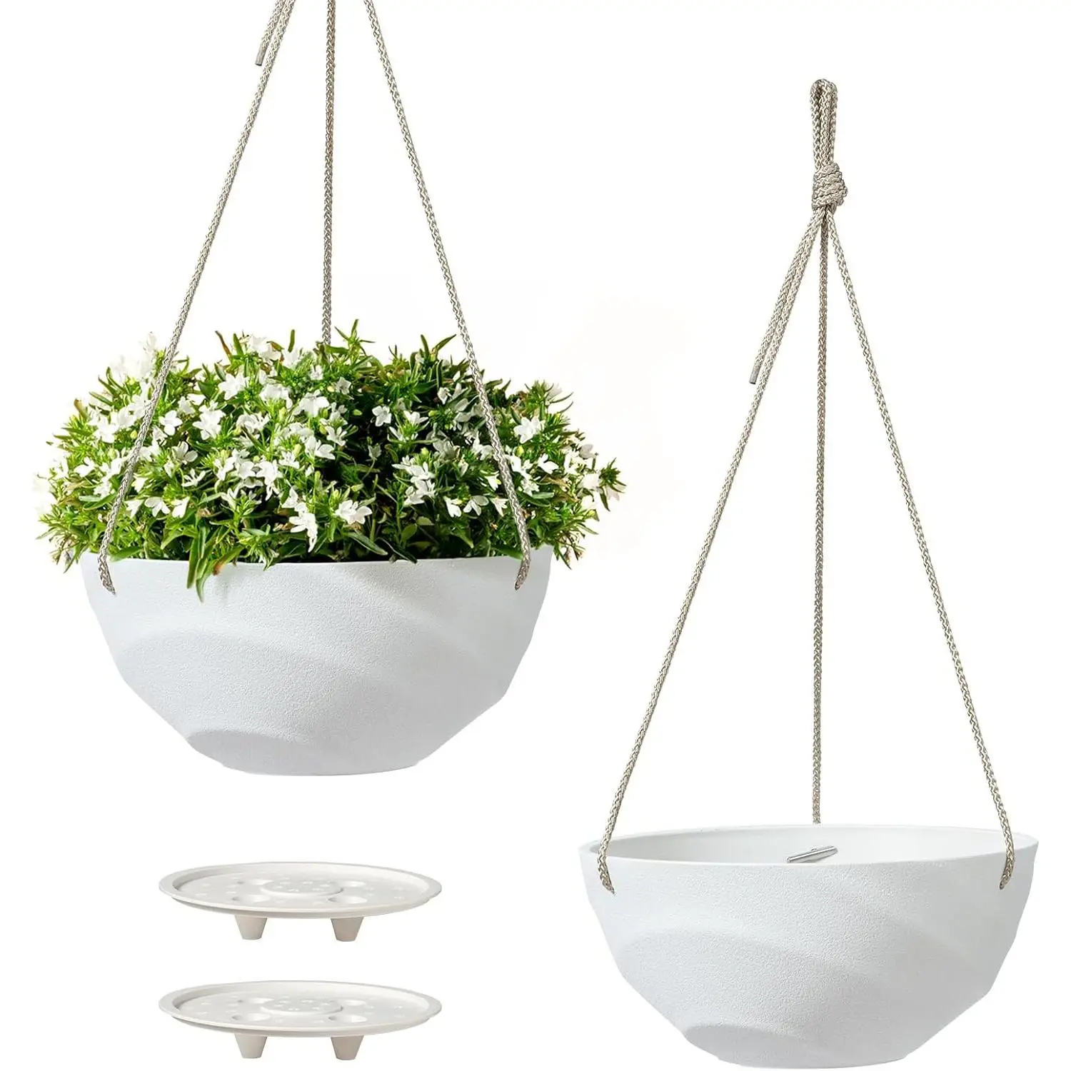 10 Inch Hanging Planters for Indoor Plants, Outdoor Garden Planter Pots with Self-Watering Tray, Eggshell White, Set of 2
