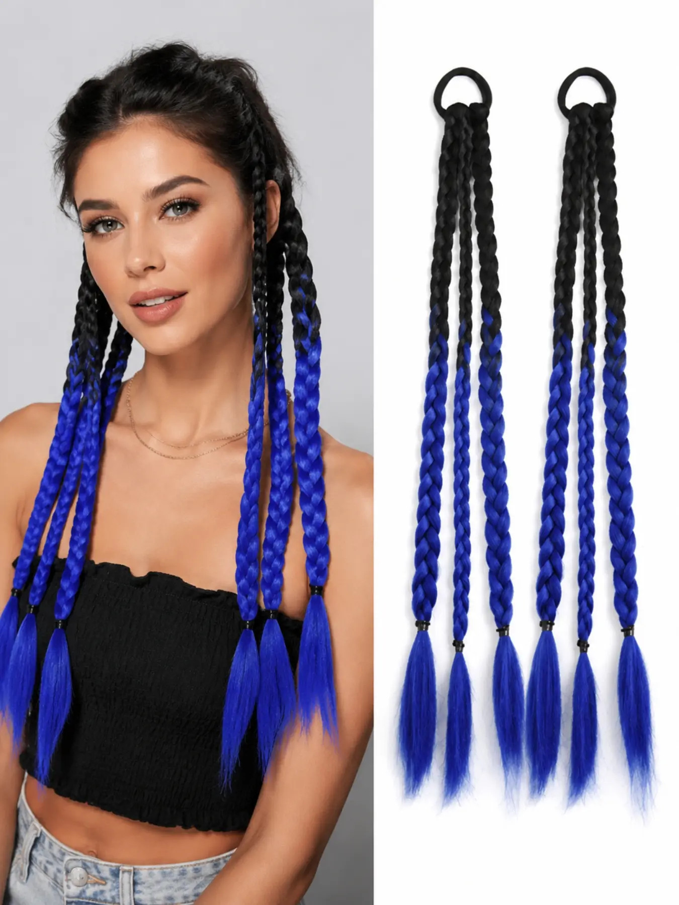 20Inch Synthetic Fiber Braided Hairpiece, Gradient Blue Box Braid Ponytail Extension, Long Braided Hair Extensions for Women