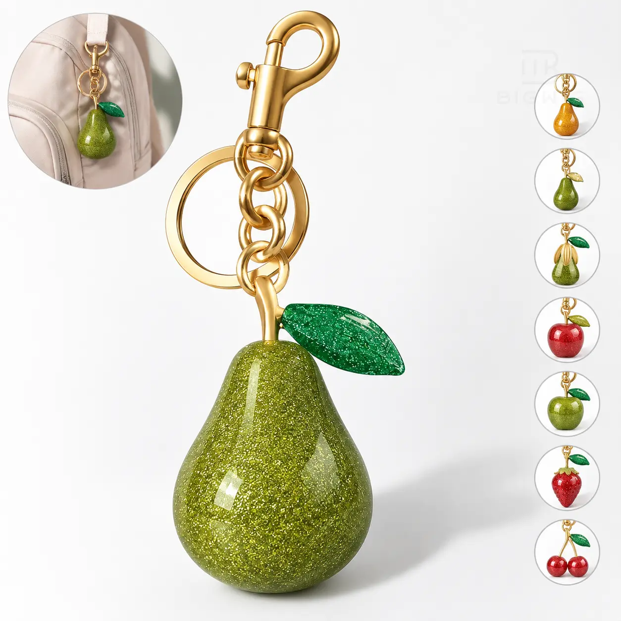 7-Style Resin Fruit Keychain Pendant, Glitter Fruit Charms with Gold-Tone Lobster Clasp and Key Ring, Cute Gift Accessory for Teens and Adults, Bags, Backpacks, Keys, Party Favors, Fruit Bag Charm