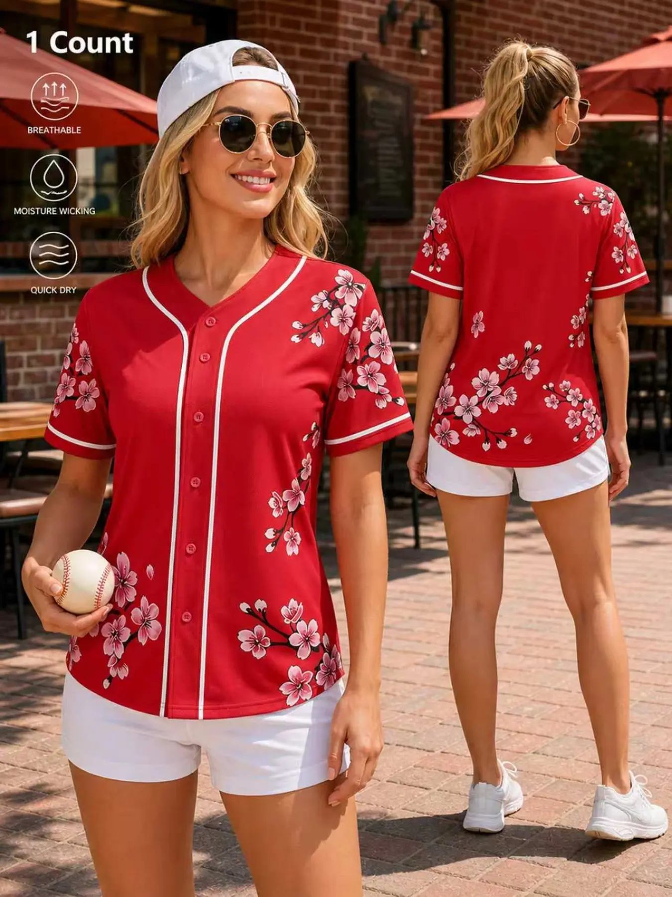 Womens Sakura Floral Baseball Jersey Short Sleeve V Neck Button Down Casual Top For Sports & Daily Wear