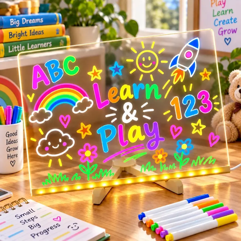 LED Light Up Acrylic Dry Erase Board with Stand, 11.8 x 7.9 Inch Glow Memo Message Board, USB Powered Dimmable Desktop Whiteboard with 7 Color Pens for Office Home School
