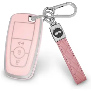 for Ford Key Fob Cover, TPU 3 Buttons Key Case Shell Full Protection for Ford Explorer Bronco Fusion Edge Sport Escape Bronco F150 Pink Car Key Cover with Keychain