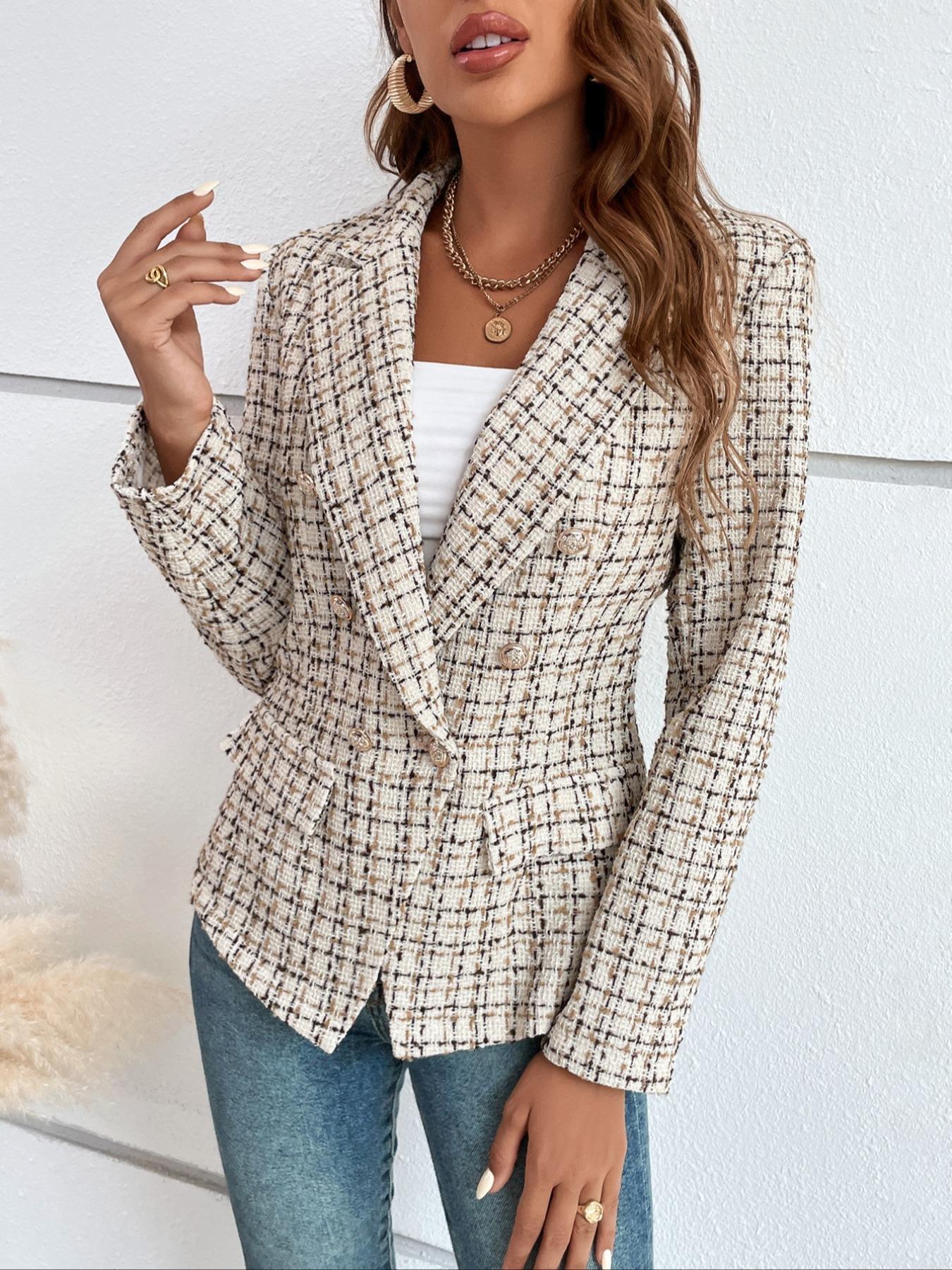 Women's Plaid Print Double Button Flap Detail Lapel Trendy Blazer, Casual Long Sleeve Outerwear for Fall & Winter, Ladies Clothes for Work Office Business, Elegant