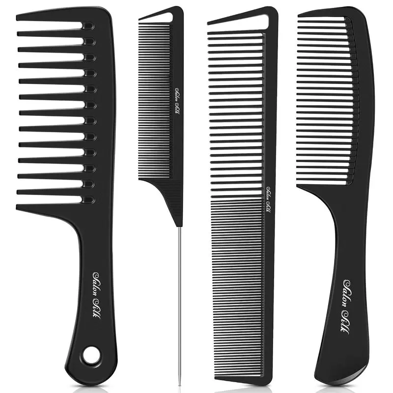 4PCS Professional Hair Comb Set - Wide Tooth, Rat Tail, Fine Tooth Combs - Barber Styling Aid for Braiding, Cutting, Parting Curly Hair (For Men, Women)