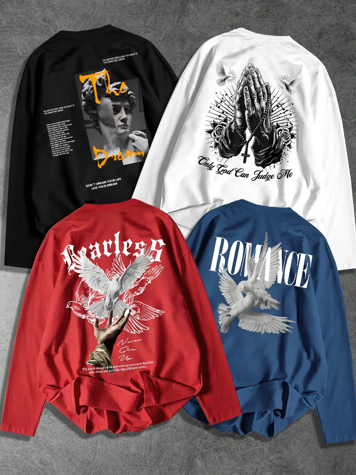 4 Pack Men's Loose Fit Crew Neck Long Sleeve T-Shirts, Back Print With Multi-Style Graphics Including Vintage Gothic Fonts, Sculpture, White Doves & Praying Hands, Hip Hop Streetwear Tops, Perfect For Daily Urban Casual Outfits