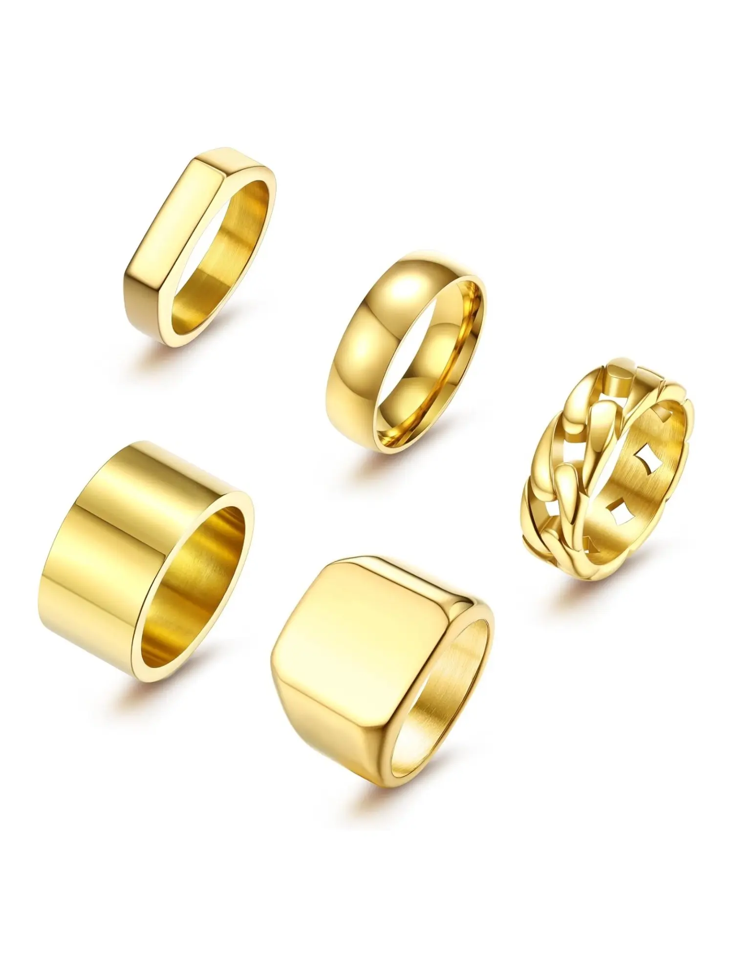 5 Pcs Golden 304 Stainless Steel Men’s Ring Set Multi‑Width Signet Band Rings 4mm 6mm 8mm 12mm 17mm Wide Finger Jewelry Solid Flat Top Curb Chain Cut‑Out Polished Plain Band Styles Unisex Stackable Statement Rings for Daily Casual Wear