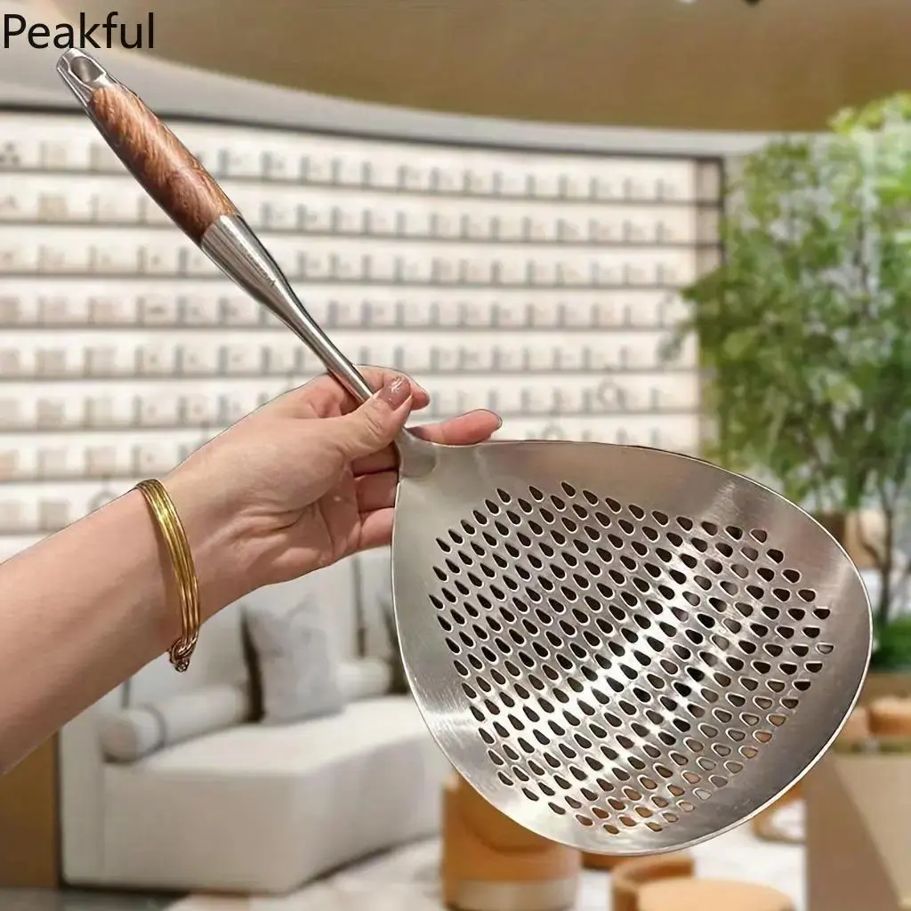Large Stainless Steel Colander with Wooden Handle, Durable Noodle & Pasta Strainer, Versatile Kitchen Tool for Draining, Rinsing & Cooking, Essential Home Utensil, Dishwasher Safe